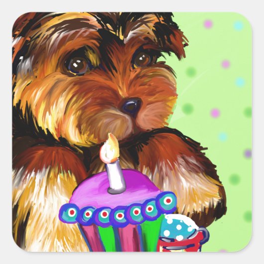 HAPPY BIRTHDAY YORKIE POO VIERKANTE STICKER (Voorkant)