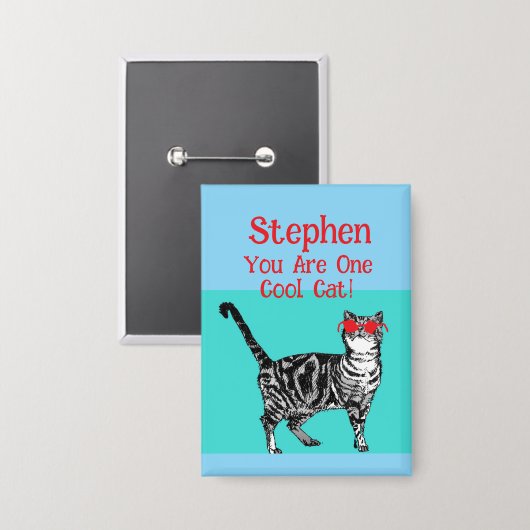 Happy Birthday You Cool Tabby Cat Mannen man Button (Voorkant / Achterkant)