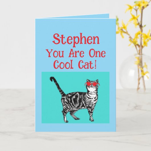 Happy Birthday You Cool Tabby Cat Mannen man Kaart (Gele Bloem)