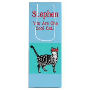 Happy Birthday You Cool Tabby Cat Mannen man Wijn Cadeautas