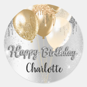 Happy Birthday zilver glitter druppelt ballonnen Ronde Sticker