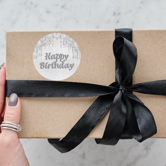 Happy Birthday zilveren glitter druppelt metaal Ronde Sticker