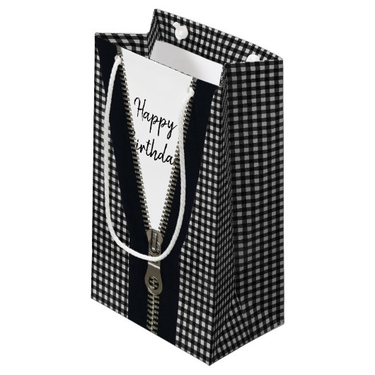 Happy Birthday Zipper op Gingham Klein Cadeauzakje (Voorkant Gekanteld)
