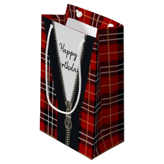 Happy Birthday Zipper op Tartan Klein Cadeauzakje (Voorkant Gekanteld)