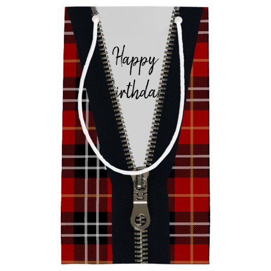 Happy Birthday Zipper op Tartan Klein Cadeauzakje (Voorkant)