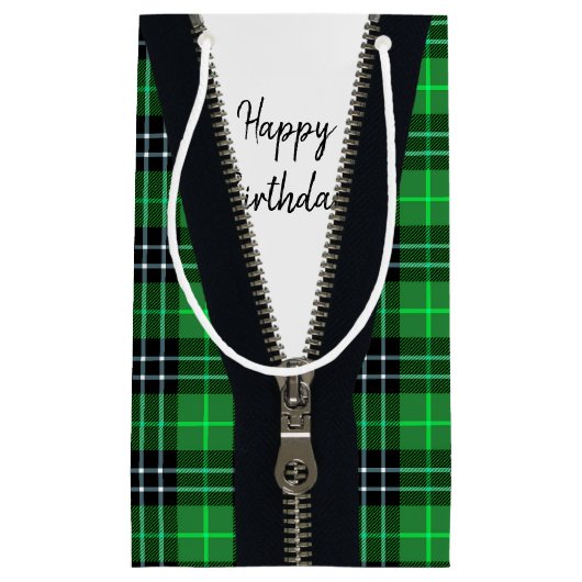 Happy Birthday Zipper op Tartan Klein Cadeauzakje (Voorkant)