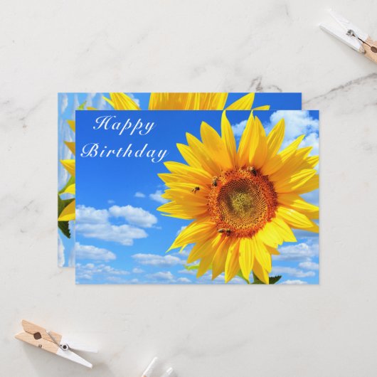 Happy Birthday - Zonnebloem en bijen op blauwe hem Kaart (Voorkant / Achterkant in situ)