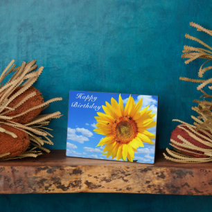 Happy Birthday - Zonnebloem en bijen op Blue Sky P Fotoplaat