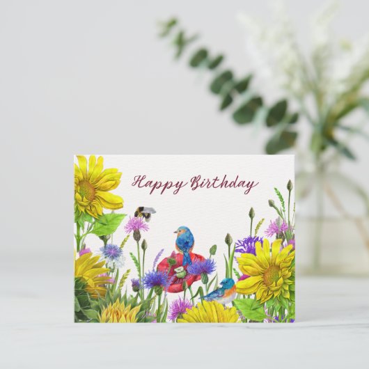 Happy Birthday Zonnebloemen, Wildbloemen Natuur Briefkaart (Staand voorkant)