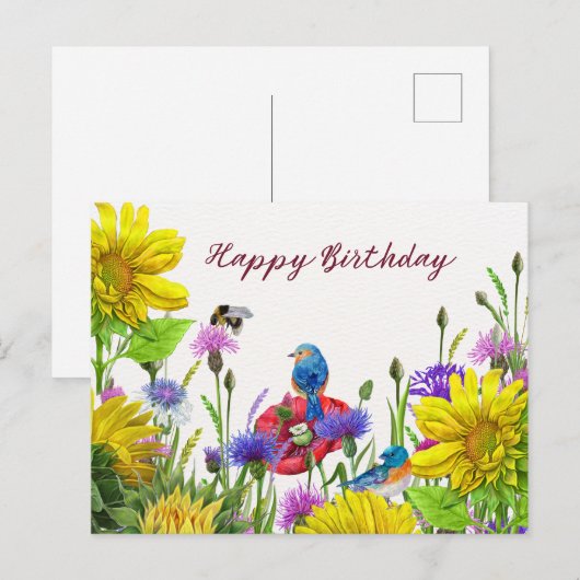 Happy Birthday Zonnebloemen, Wildbloemen Natuur Briefkaart (Voorkant / Achterkant)