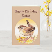 Happy Birthday Zuster Waterverf House Wren Bird Kaart (Gele Bloem)