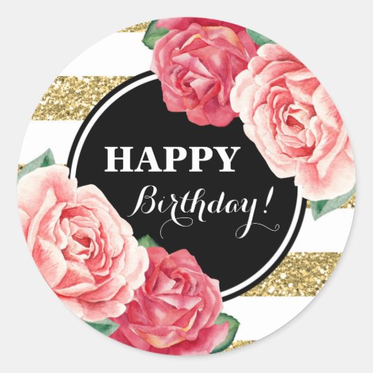 Happy Birthday Zwart Goud Strepen Roze Bloemen Ronde Sticker (Voorkant)