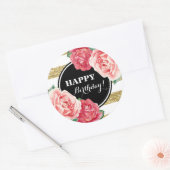 Happy Birthday Zwart Goud Strepen Roze Bloemen Ronde Sticker (Envelop)