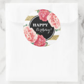 Happy Birthday Zwart Goud Strepen Roze Bloemen Ronde Sticker (Tas)