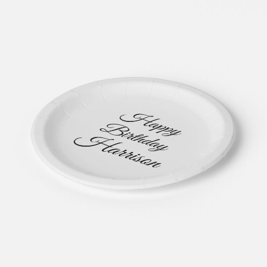 Happy Birthday zwart wit aangepaste scriptnaam Papieren Bordje (Gekanteld)