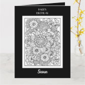 Happy Birthday Zwart & Wit Bloemen Kleurplaat Kaar Kaart (Gele Bloem)