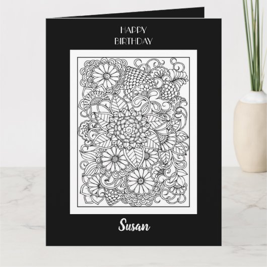 Happy Birthday Zwart & Wit Bloemen Kleurplaat Kaar Kaart (Voorkant)