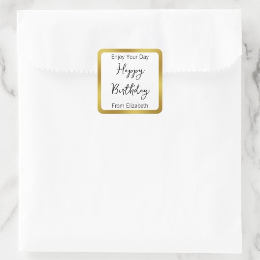 Happy Birthday Zwart Wit en Goud uit Jouw naam Vierkante Sticker (Tas)