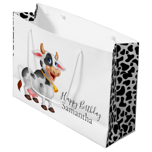 Happy Birthday zwart-wit Koe Groot Cadeauzakje (Voorkant Gekanteld)