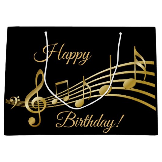 Happy Birthday zwarte gouden muzieknoten Groot Cadeauzakje (Voorkant)