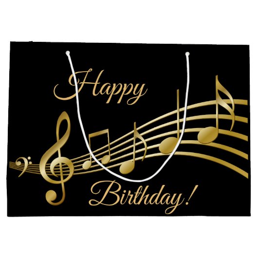 Happy Birthday zwarte gouden muzieknoten Groot Cadeauzakje (Achterkant)