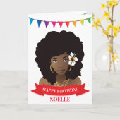 Happy Birthday, zwarte vrouw met ventilator, kleur Kaart (Gele Bloem)