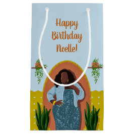 Happy Birthday, zwarte vrouw, Planten, blauw geel Klein Cadeauzakje