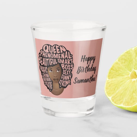 Happy Birthday, zwarte vrouwen aanmoedigen, roze Shot Glas (Voorkant)