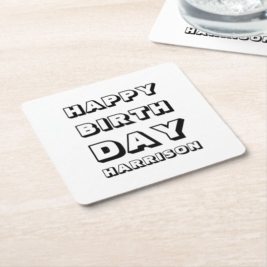 Happy Birthday zwarte witte aangepaste naam modern Kartonnen Onderzetters (Schuin)