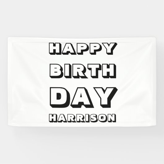 Happy Birthday zwarte witte aangepaste naam modern Spandoek (Horizontaal)
