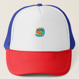 Happy Bitangle Wearing Sunglasses Surfing a Blockc Trucker Pet