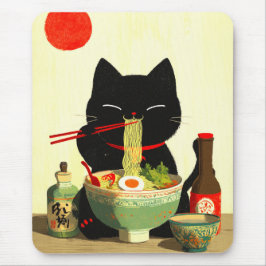 Happy Black Cat Eating Ramen | Japanese Ukiyo-e Muismat