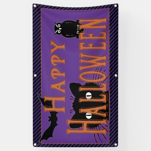Happy Black Cat, Owl en Bat Halloween Spandoek (Verticaal)