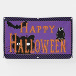 Happy Black Cat, Owl en Bat Halloween Spandoek