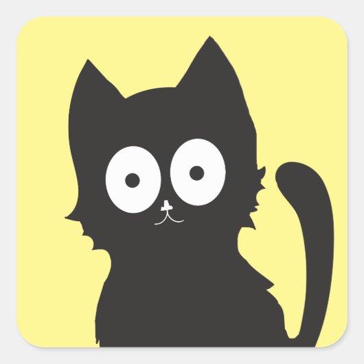Happy Black Cat Silhouette op Geel Vierkante Sticker (Voorkant)
