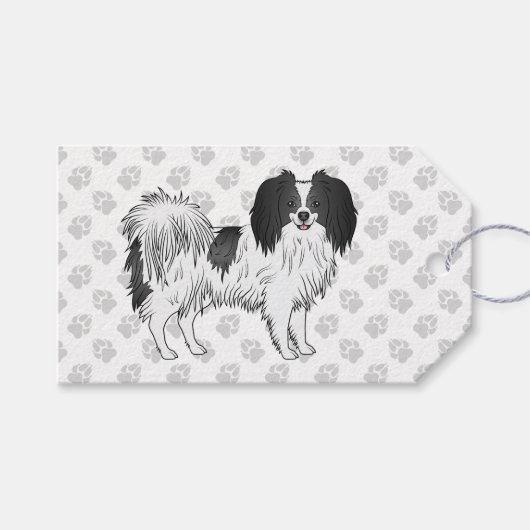 Happy Black en White Phalène Dog Illustration Cadeaulabel (Voorkant (Horizontaal))