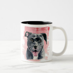 Happy Black Pitbull Dog Waterverf schilderen Tweekleurige Koffiemok