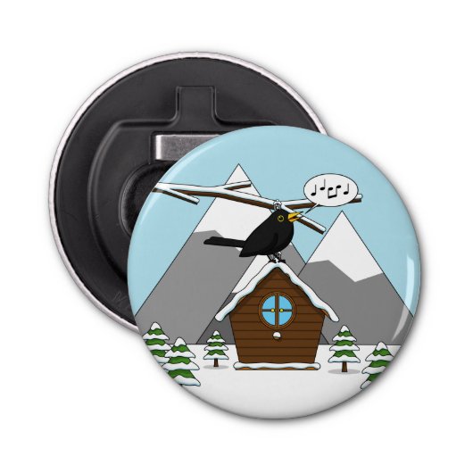 Happy Blackbird Singing in Winter Landscape Button Flesopener (Voorkant)