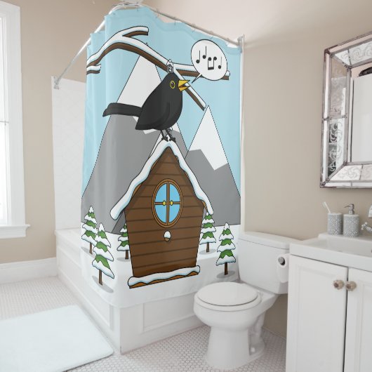 Happy Blackbird Singing in Winter Landscape Douchegordijn (In situ)