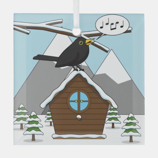 Happy Blackbird Singing in Winter Landscape Glas Ornament (Voorkant)