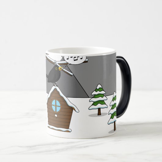 Happy Blackbird Singing in Winter Landscape Magische Mok (Voorkant rechts)