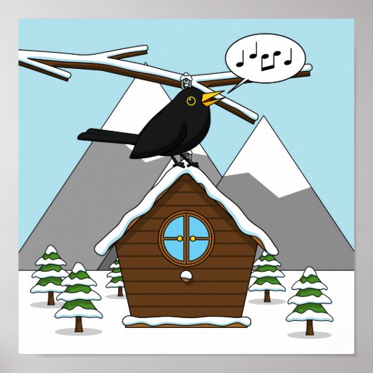 Happy Blackbird Singing in Winter Landscape Poster (Voorkant)