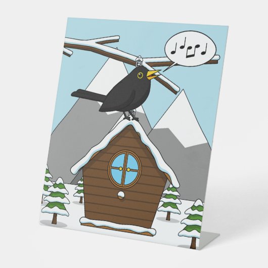 Happy Blackbird Singing in Winter Landscape Reclamebord Met Voetstuk (Voorkant)