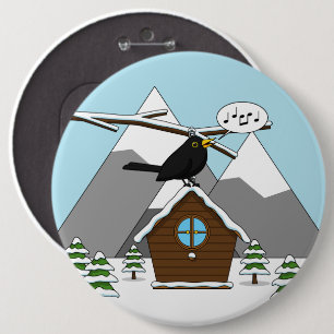 Happy Blackbird Singing in Winter Landscape Ronde Button 6,0 Cm