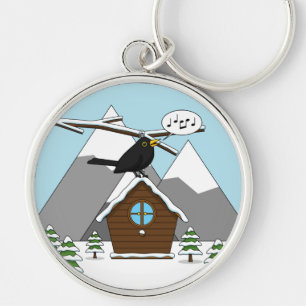 Happy Blackbird Singing in Winter Landscape Sleutelhanger