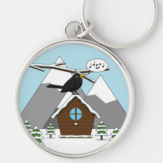 Happy Blackbird Singing in Winter Landscape Sleutelhanger (Voorkant)