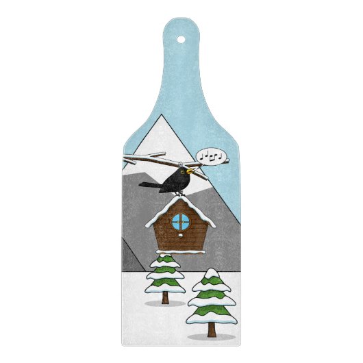 Happy Blackbird Singing in Winter Landscape Snijplank (Voorkant)