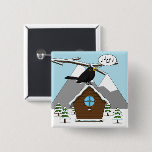 Happy Blackbird Singing in Winter Landscape Vierkante Button 5,1 Cm