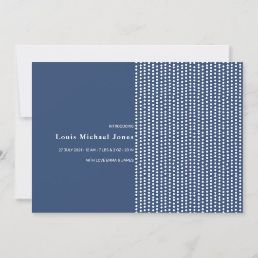 HAPPY | Blauwe gestippelde geboortekaart Aankondiging (Achterkant)