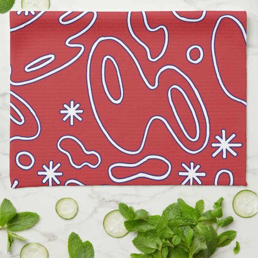 Happy Blobs - Rood, Wit en Blauw Squiggles Theedoek (Gevouwen)